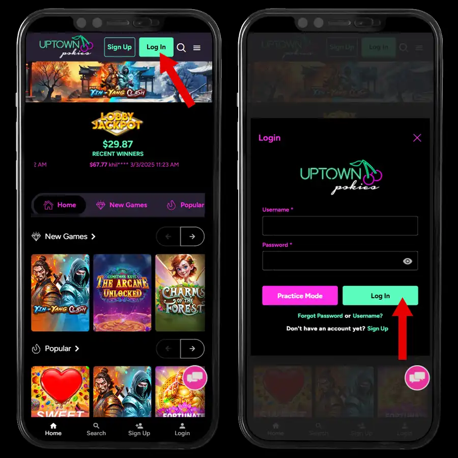 Visualize the Uptown Pokies Casino interface through its login screenshot.